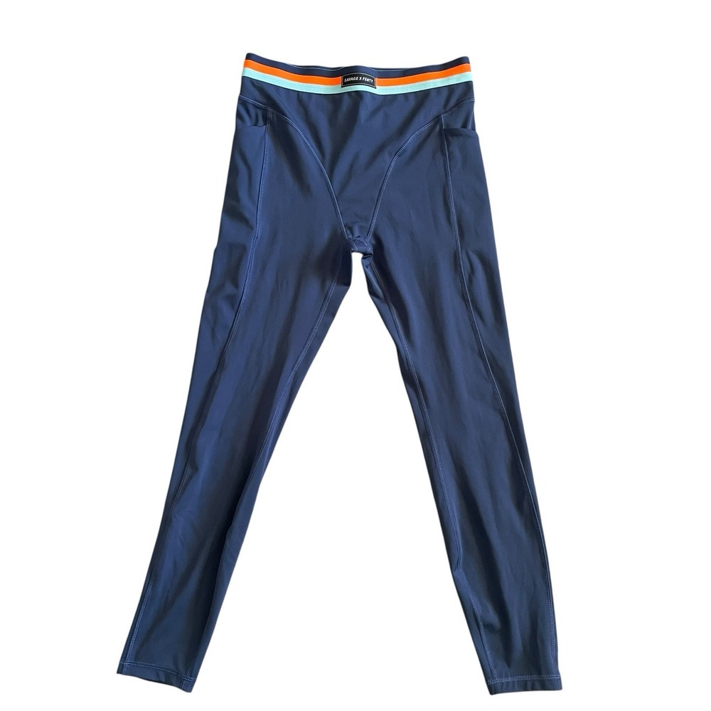 Savage X Fenty Navy Leggings with Orange & White Stripe Waistband
